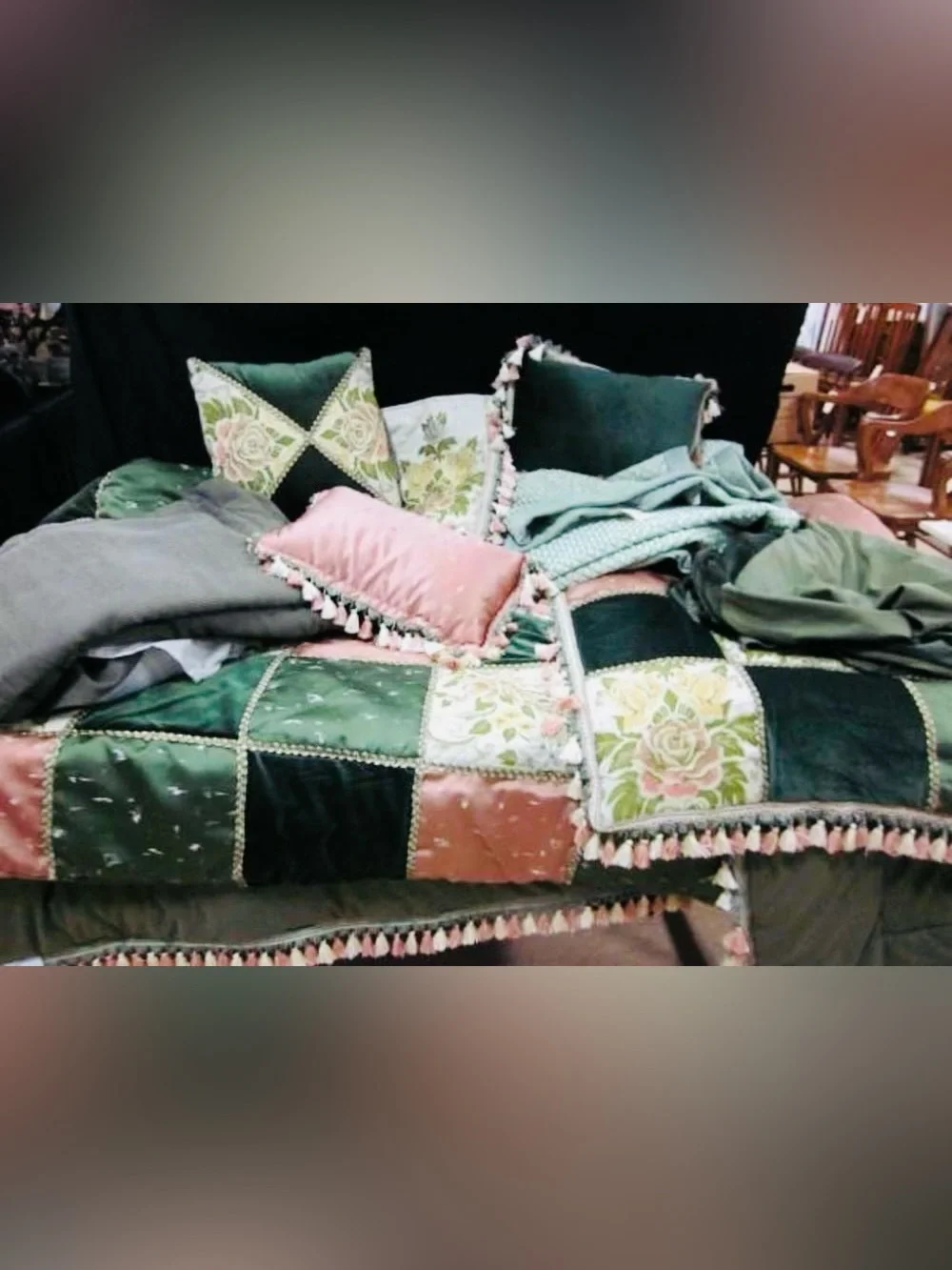 King plush velvet patch work comforter in lush greens pinks 2 matching shams